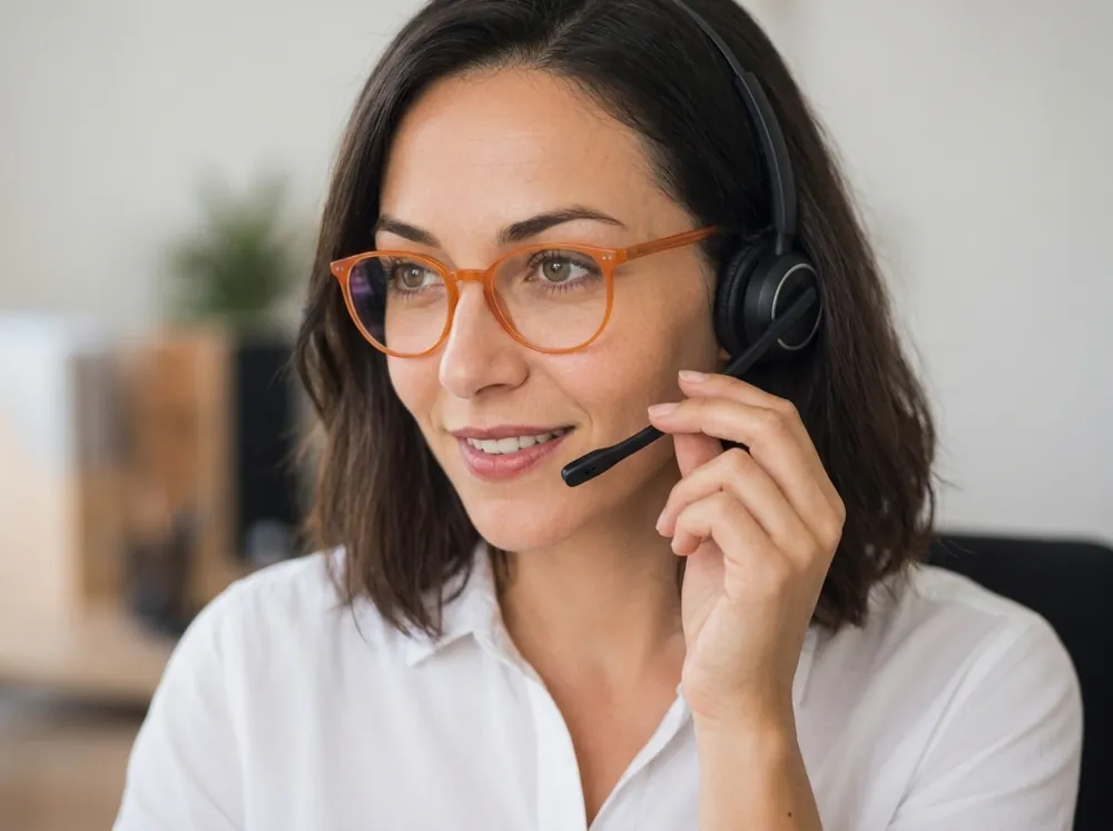 KI-Illustration: Laura mit Headset nimmt einen Anruf entgegen