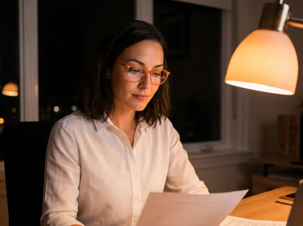 KI-Illustration: Laura abends am Schreibtisch unter der Lampe