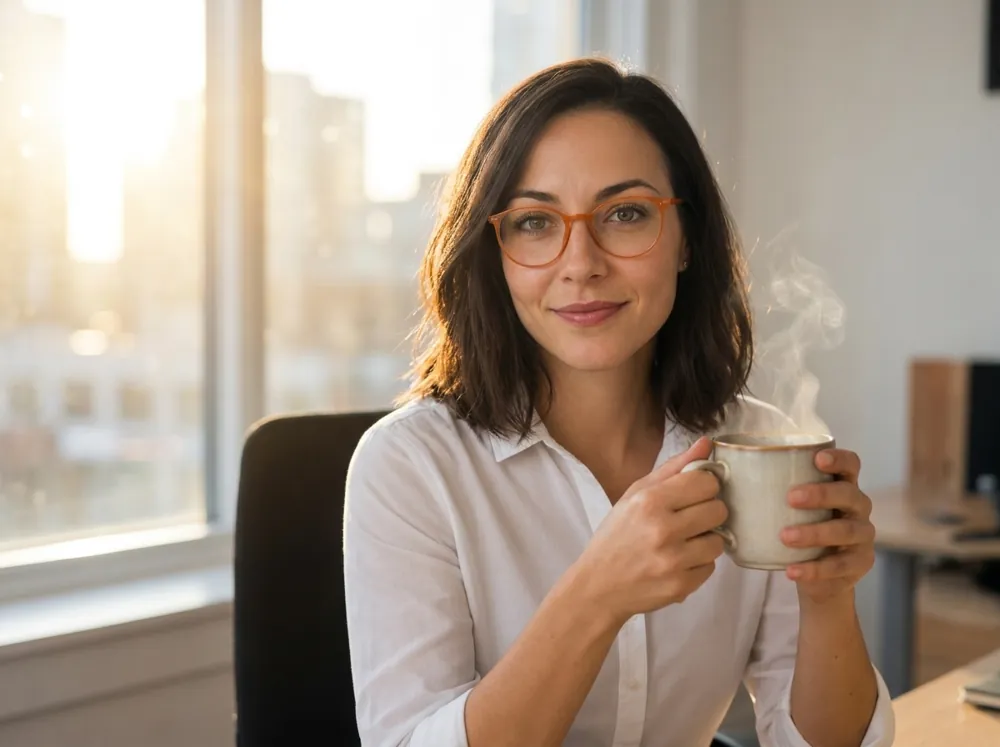 KI-Illustration: Laura früh am Morgen mit Kaffee am Schreibtisch