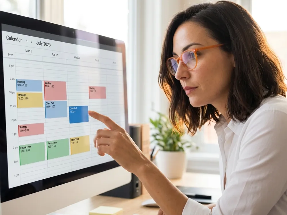 KI-Illustration: Laura plant einen Termin im digitalen Kalender
