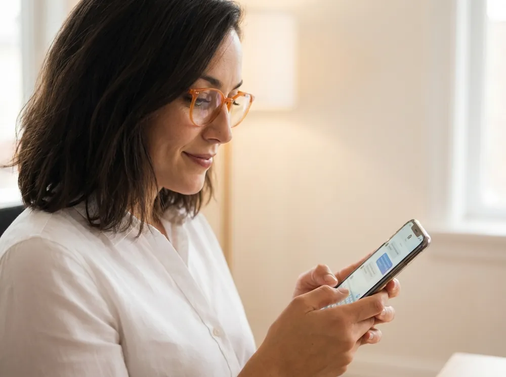 KI-Illustration: Laura tippt eine WhatsApp-Antwort am Smartphone