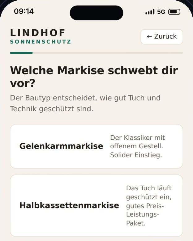 Handy mit dem Fragebogen, Frage nach dem Markisen-Typ