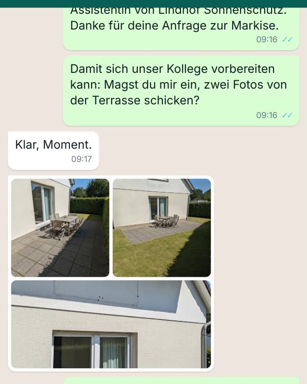 WhatsApp-Chat: Clara bittet um Fotos, der Kunde schickt drei Bilder seiner Terrasse